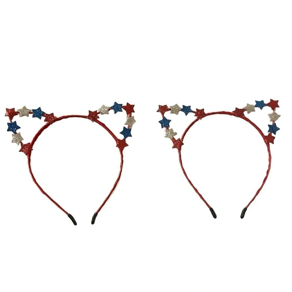 Red Blue Silver Glittery Tiny Stars White Wire Cat Ear July 4th Headbands 2Pc